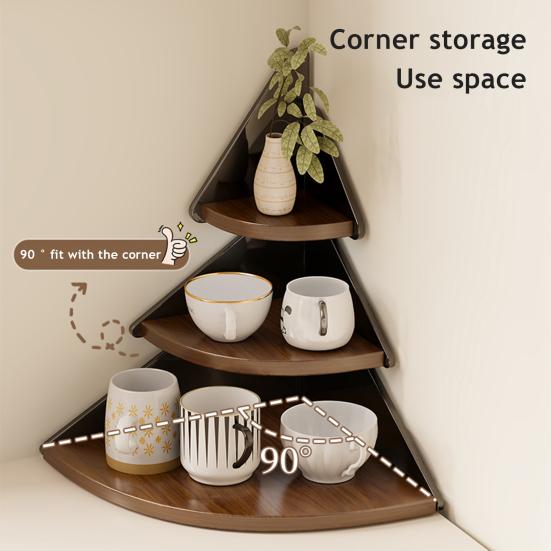 Corner Cup Holder Shelf 3-Tier Wood Kitchen Organizer for Mugs Coffee Cups Space-Saving Desktop Storage Rack for Countertop