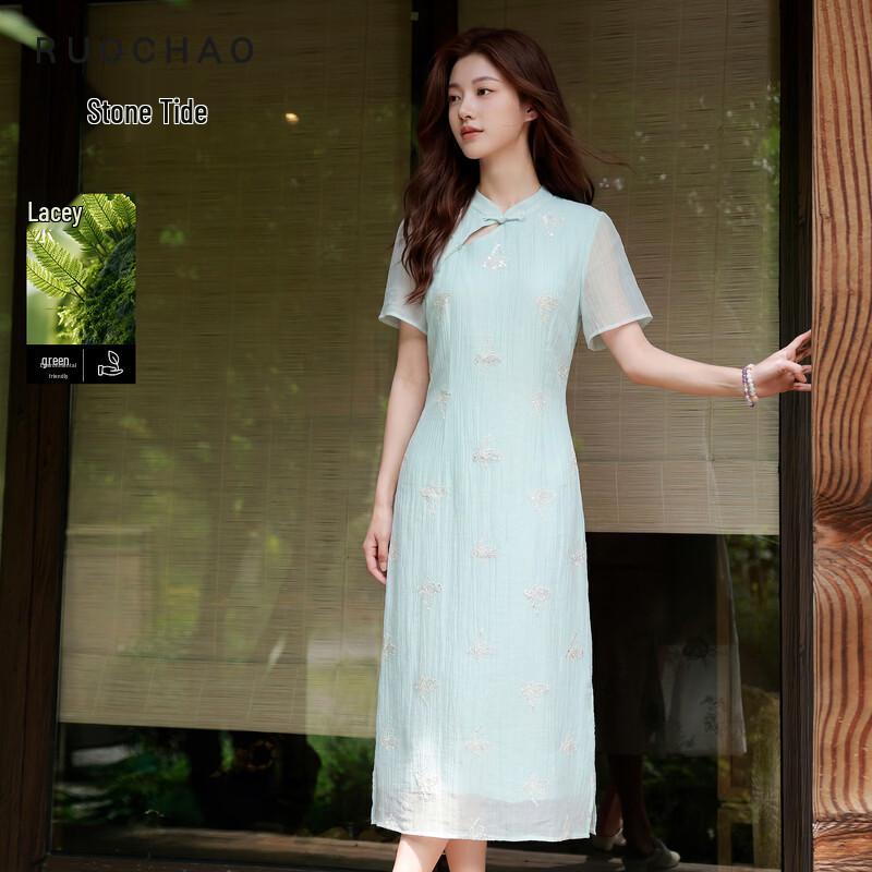 SanCai New Chinese Style Floral Embroidered Lyocell Plus Size Dress XXL