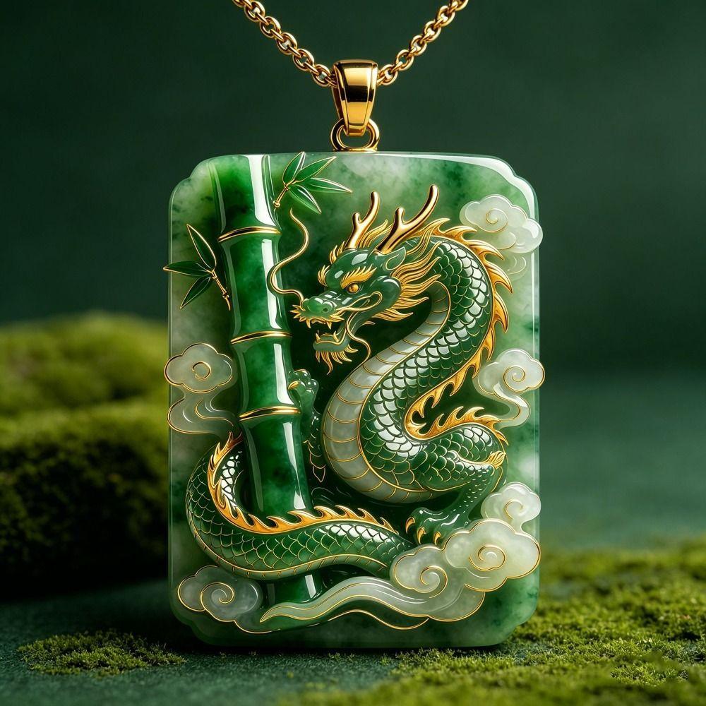 Bamboo Carved Pendant Necklace Green Square Pendant Lucky Amulet Traditional Chinese