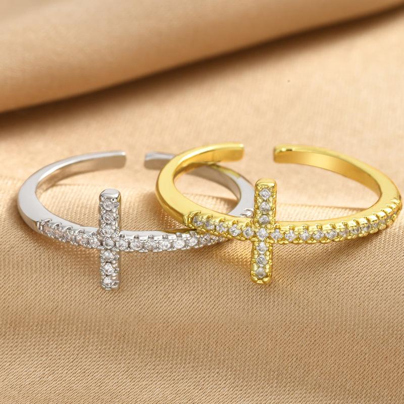 Cross Ring for Women 14k Gold Plated Sideway Cross Adjustable Open Ring Cubic Zirconia Jewelry