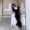 Summer New Temperament Outer Wear Short-sleeved Black Dress Female Slim Side Split Over Knee Long Skirt