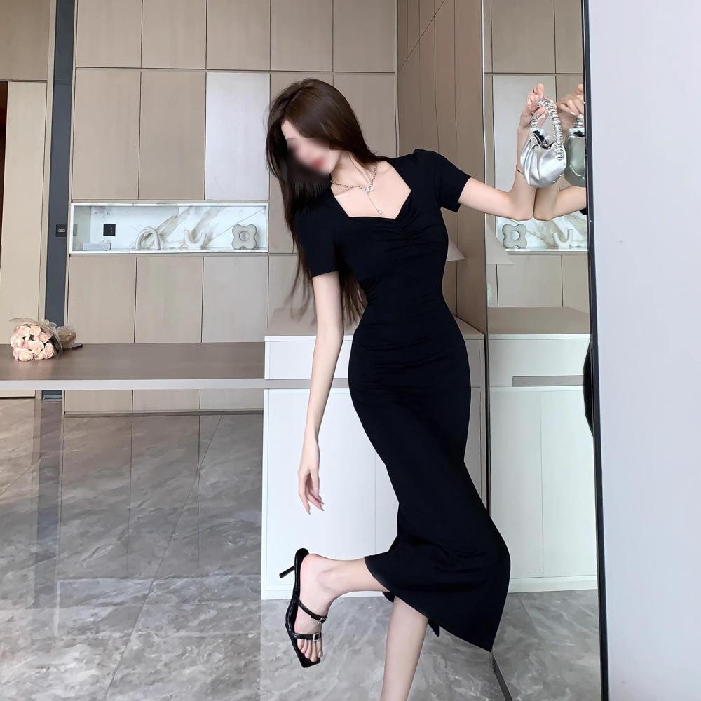 Summer New Temperament Outer Wear Short-sleeved Black Dress Female Slim Side Split Over Knee Long Skirt