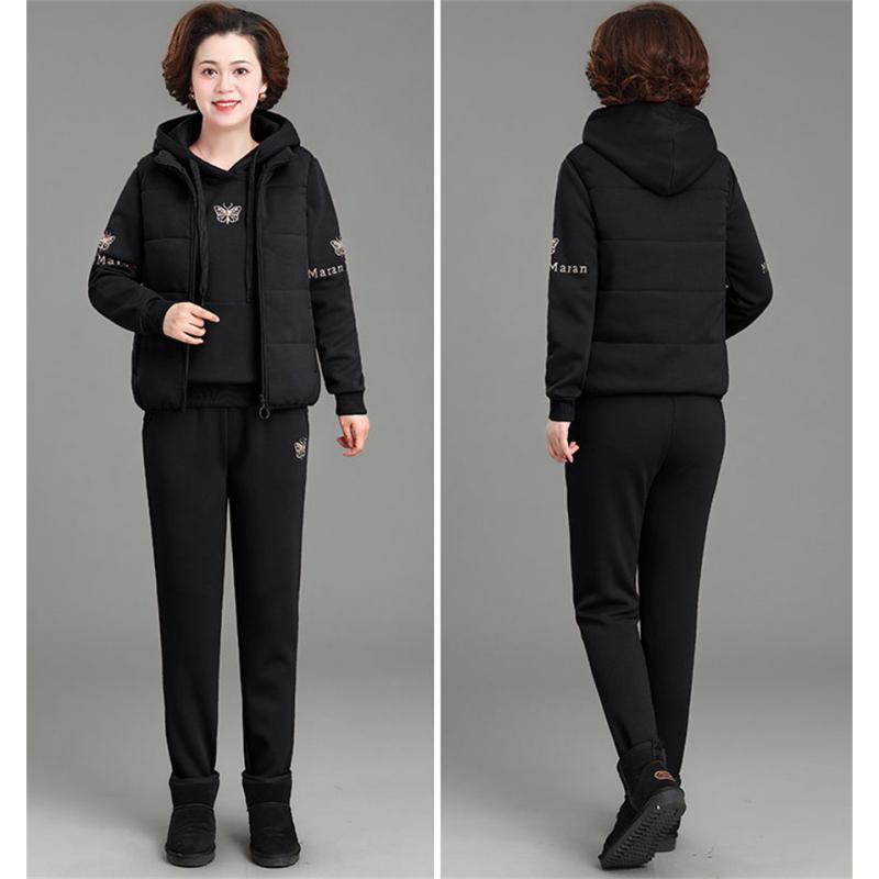 Conjunto de dos piezas de traje de ocio de invierno grueso para mujer, chaleco sin mangas de manga larga con capucha y pantalones cálidos