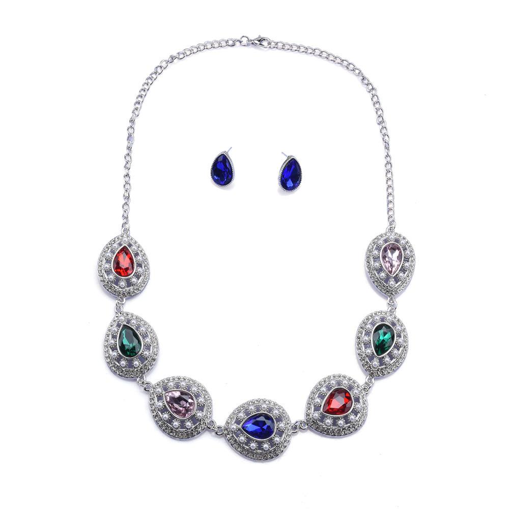 Exaggerated Color Diamond-Set Pearl Jewelry Set Luxury Dinner Temperament Rhinestone Necklace Water Drop Earrings