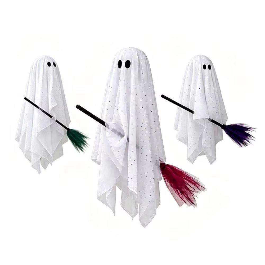 1Pcs Halloween Hanging Ghost Decor With Broom Warm Light Sheer Sparkly Fabric Ornament for Tree Porch Yard Indoor Outdoor Party