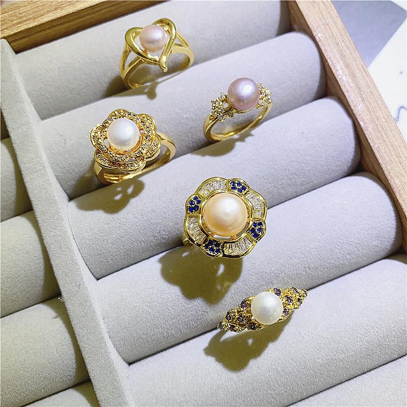 10Pcs Lady freshwater pearl ring with zircon opening that can be adjusted. Retro pearl ring.