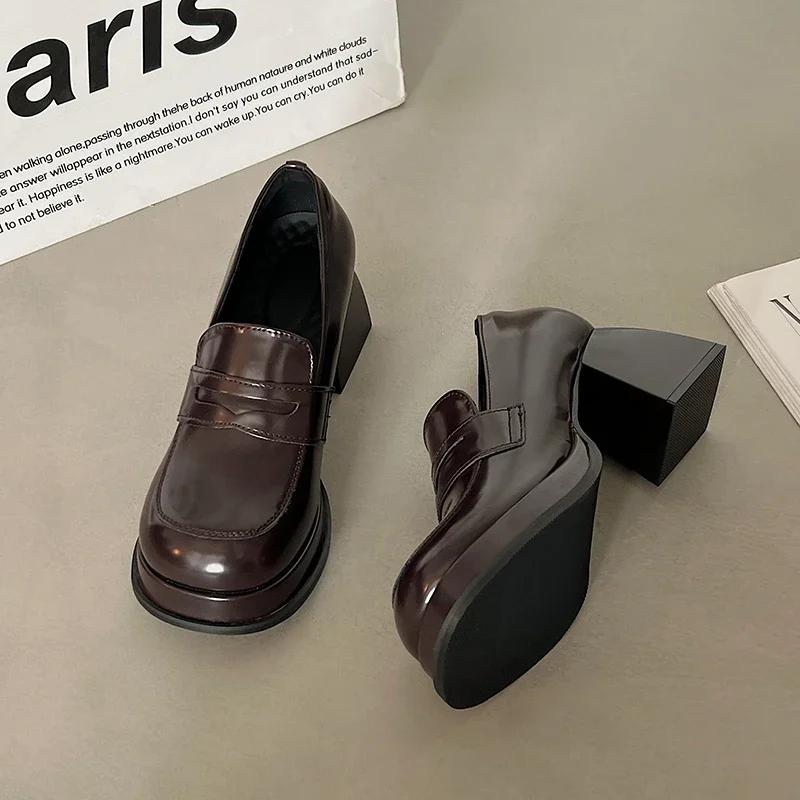 Vintage Patent Leather Platform Women Jk Pumps Shoes Fashion Shallow Slip On Shoes 2025 Spring Autumn Thick Heel Shoes