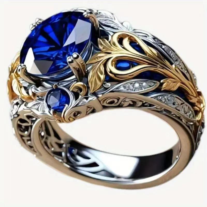 Fashionable Retro Inlaid Blue Zircon Ring for Men and Women, Luxurious Pointed Zircon Inlaid Personalized Jewelry Accessories
