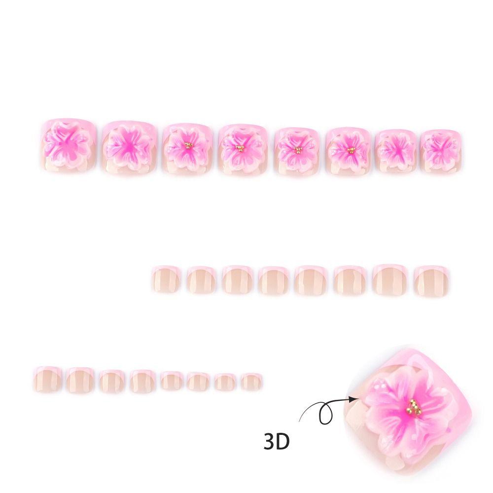 24pcs Short Square Toe Nails 3D Rose Red Flowers Foot Nails Fashion Fake Toenails  for Women Girl