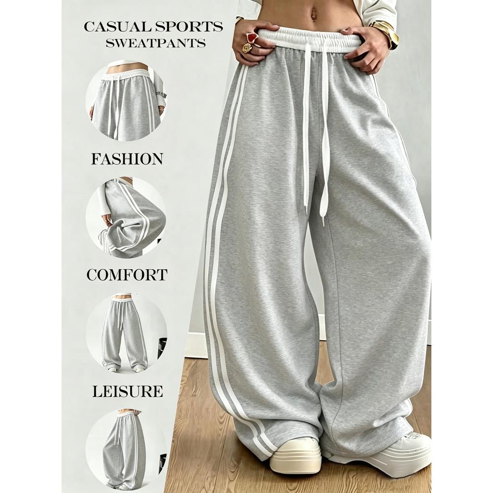 Dames Color Block Gestreepte Sneldrogende Gebogen Broek, Hoge Taille Losse Wijde Pijp Casual Sportbroek