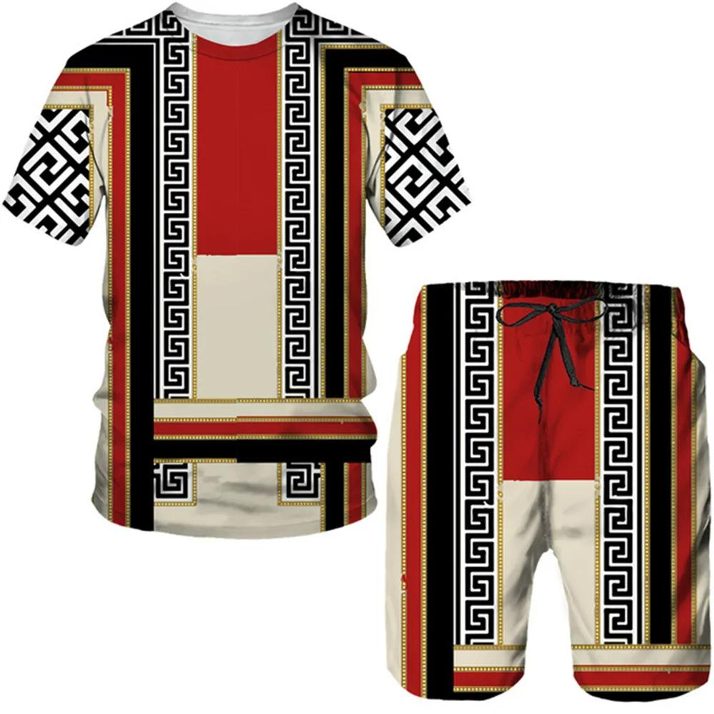 Summer 3D Printed T-shirt Shorts 2-Piece Set Casual Luxury Vintage Gold Pattern Men's Sports Suit 2024 Street Fashion Men's C