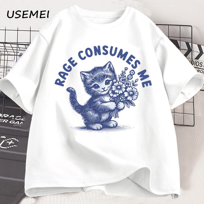 Rage Consumes Me Cat T-shirt Weirdcore Funny Hilarious Kitten Meme Unhinged T Shirt Health Dark Humor Tshirt Men's Clothes