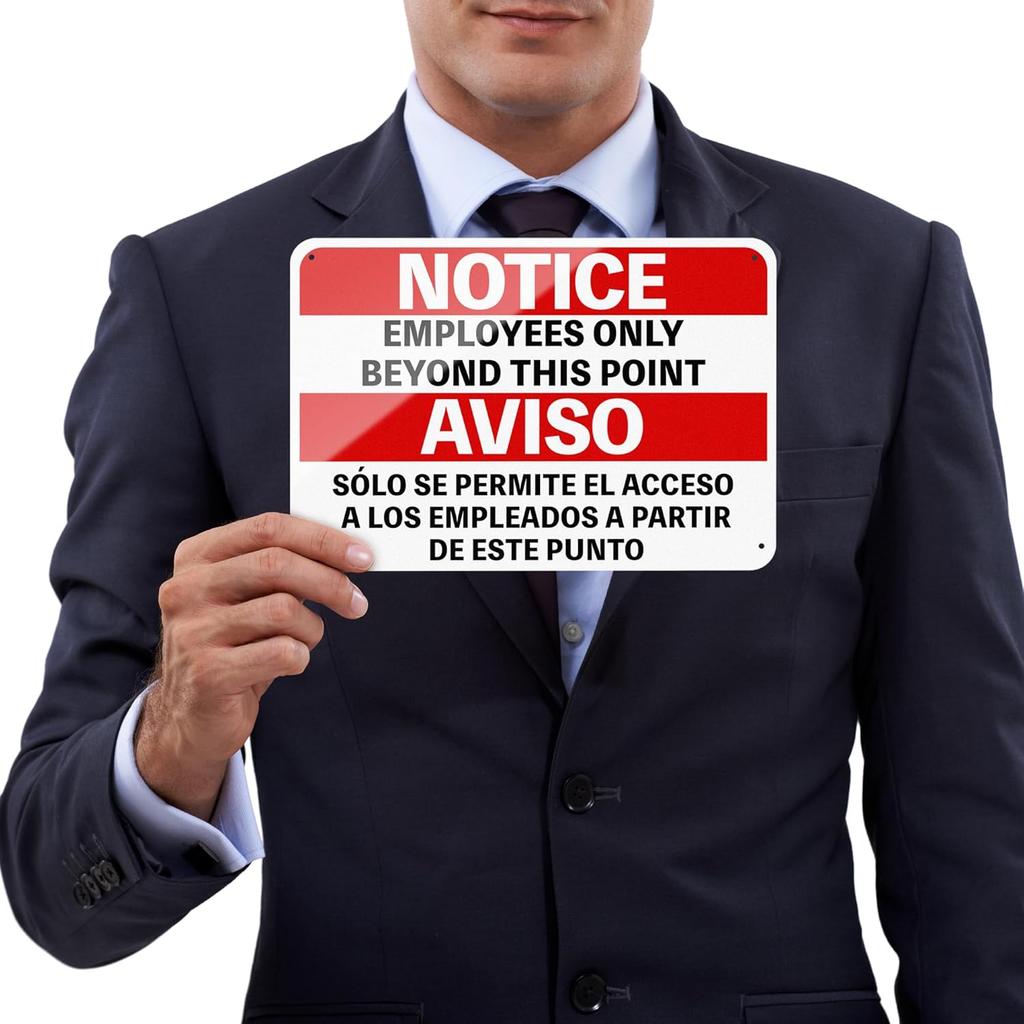 2 PCS Employees only Sign Bilingual 9.6x7 inch, Employee only Signs for Doors Aluminum, Employees only Beyond this Point Sign Reflective, Horizontal