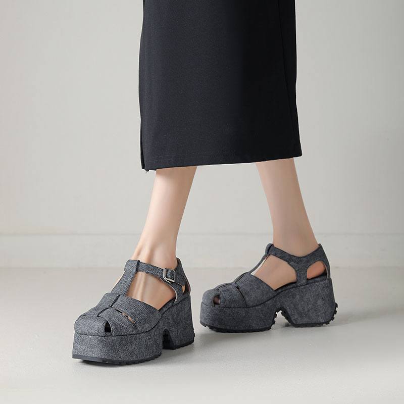 Krazing Pot Polyurethane Spring Summer Size 43 Size 42 Women Platform Women Square Toe Buckle Thick Bottom Pumps