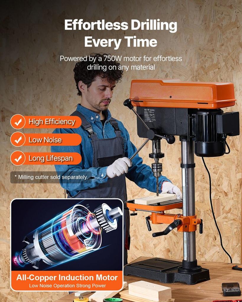304.8 Mm Benchtop Drill Press, 750W, 340-2200 RPM Variable Speed Bench Drill Press, with 0-45° Tilting Worktable, LED Work Light, X-ray Positioning,