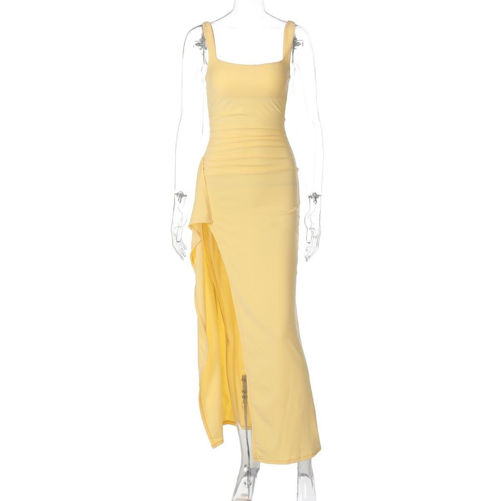 Abito da sera da donna stile INS europeo e americano, abito lungo, moda estiva, sexy, con spalline, schiena scoperta, spacco alto