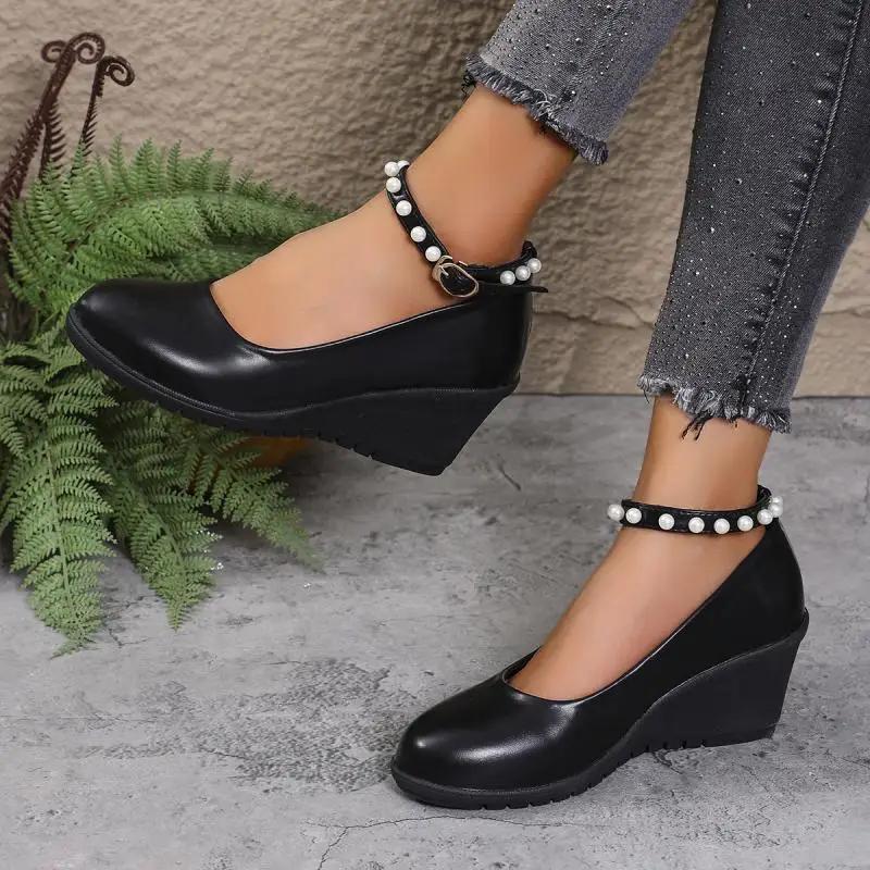 Elegant Ladies Pearl Ankle Strap Wedge Shoes for Women Autumn 2025 Black Pu Leather Office Pumps Woman Comfort Soft Mary Janes