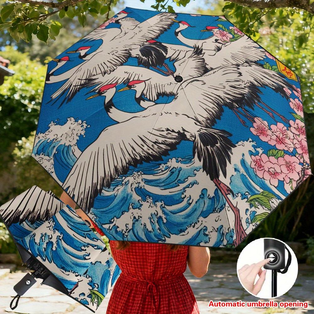 

1pc Automatic Open/Close Folding Umbrella with Shield, Cherry Blossom & Crane Print Canopy, 8-Rib Reinforced Frame - Lightweig (as the picture,Iron&8K)