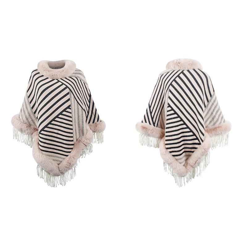 Autumn and Winter Women Stripe Loose Bat Sleeve Cross Border Cloak Cardigan Knitwear Half High Collar Sweater