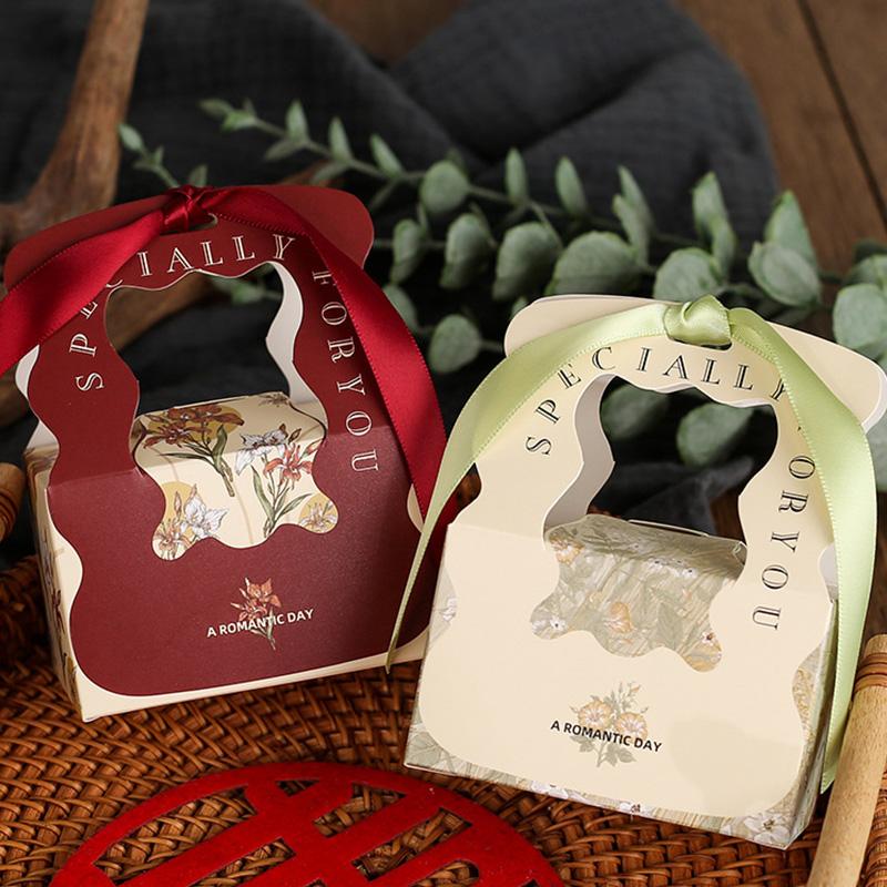 10Pcs Packaging Bags Handheld Souvenir Boxes Wedding Candy Box Portable Silk Ribbon Foldable Paper Birthday