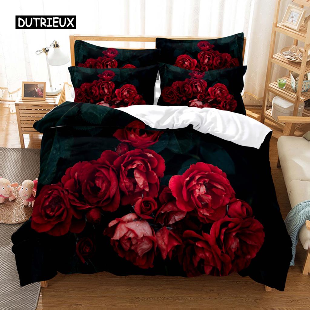 Povlečení červená růže Povlak na přikrývku/přikrývku Pouzdro na polštář 3D HD Double Full King Queen Twin Single 3/2KS Polyester Povlak na přikrývku