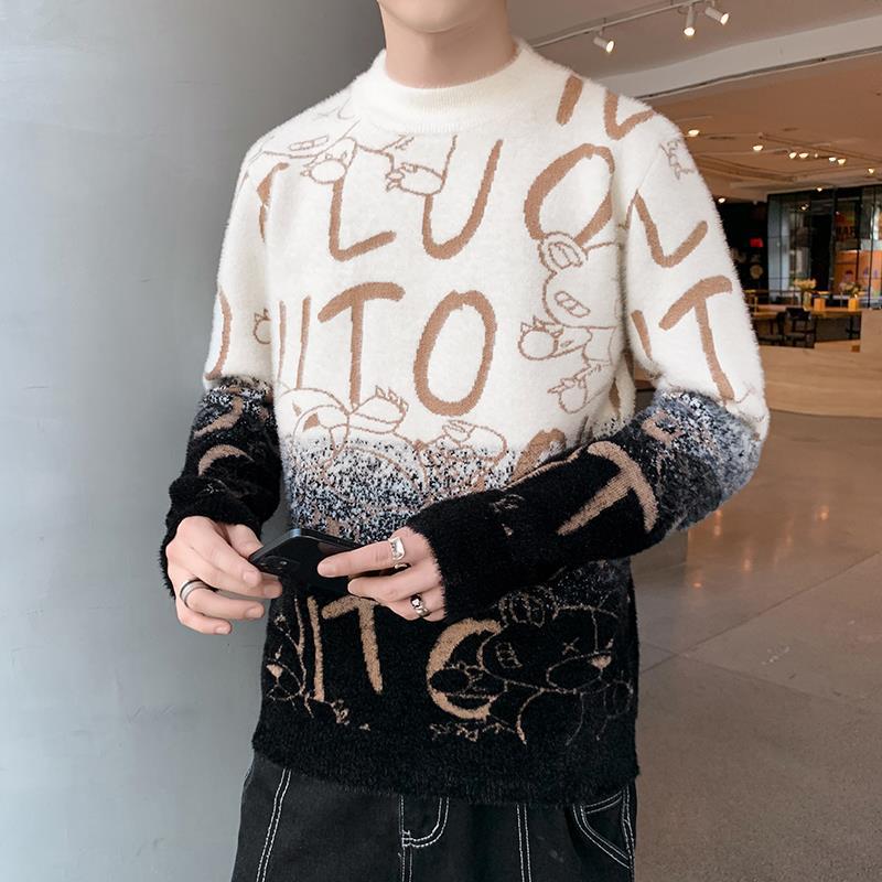 Autumn and winter new, sweater men's knitted sweater loose casual letters gradual change versatile casual fashion trend comfortable
