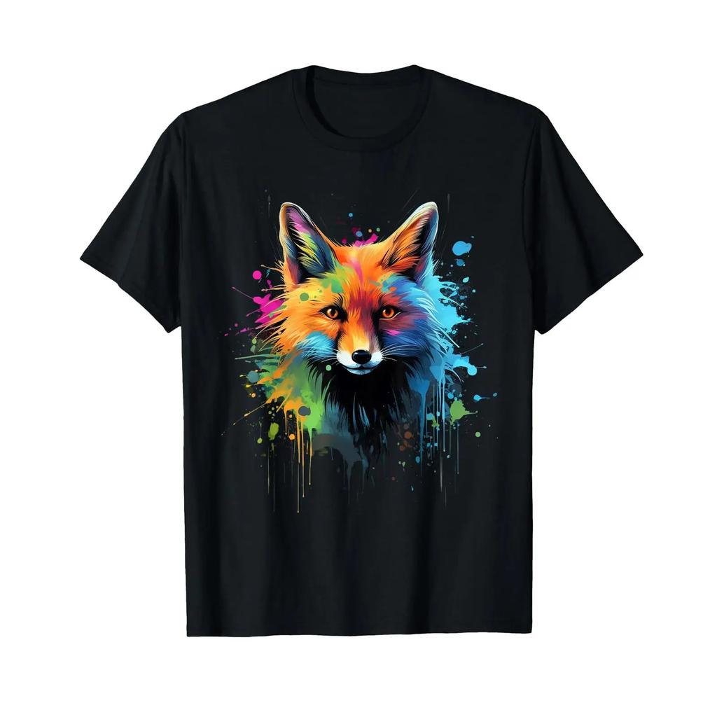 Cool Fox On Colorful Painted T Shirt Vintage Slightly Homme Versatile Streetwear Casual Stretched Graphic Unisex