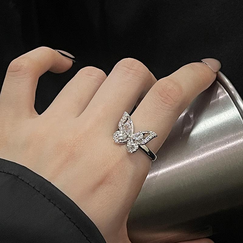 Full Diamond Zircon Butterfly Series Open Ring Light Luxury High Sense Niche Design Fashion Ring