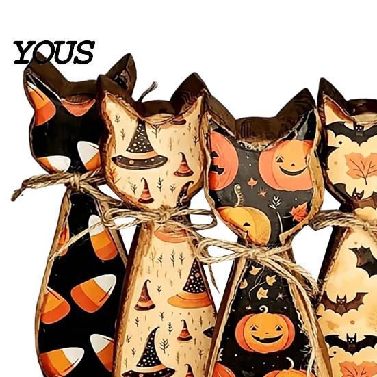 Country Style Holiday Room Ornaments Rustic Wooden Cat Ornament, Vintage Halloween/Flower Wood Tabletop Signs, Housewarming Gift Ideas Distressed
