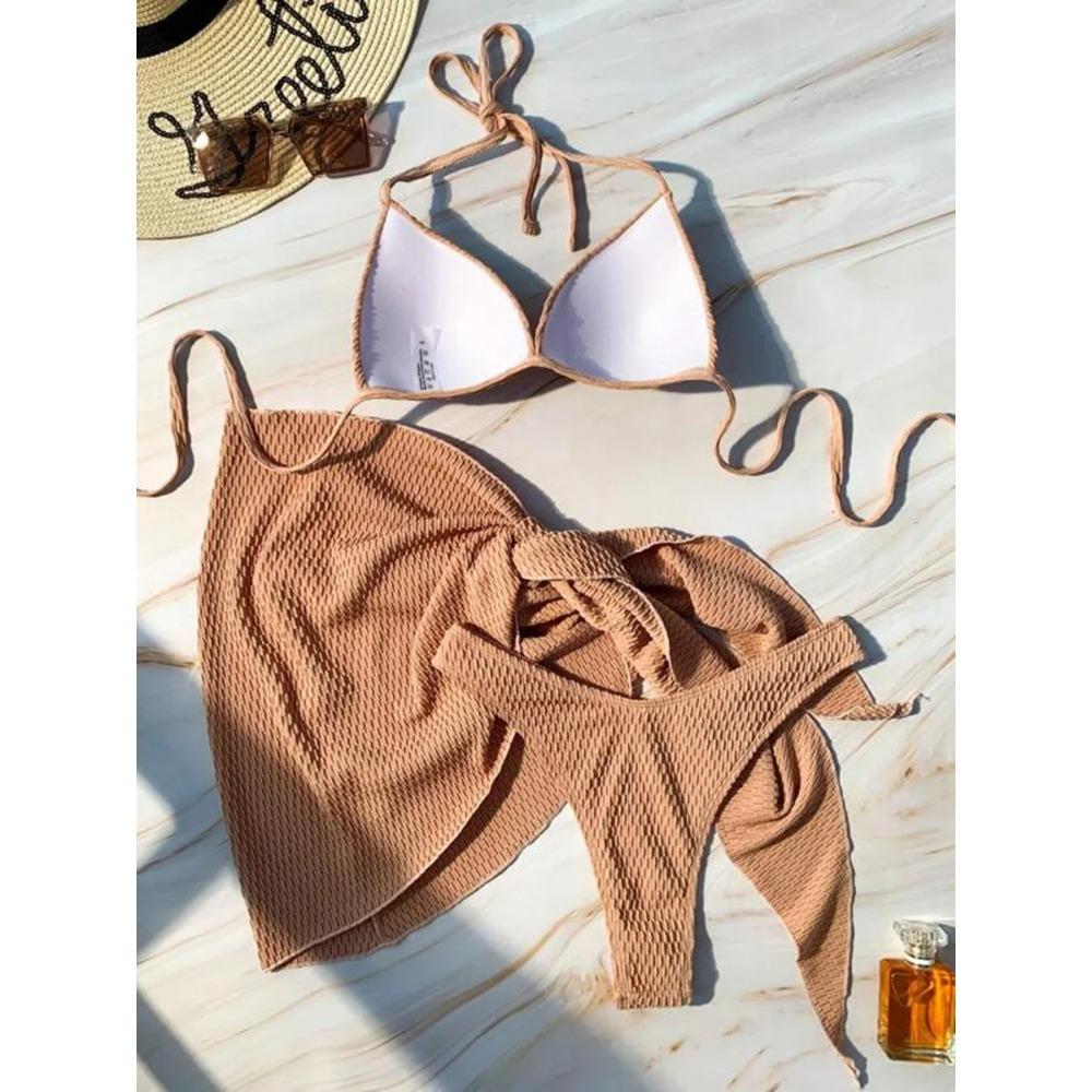 With Beach Sarong Bra Cup Wrinkled Bikini Female Swimsuit Women Swimwear Three-pieces Bikini Set Push Up Bathing Suit Swim Lady