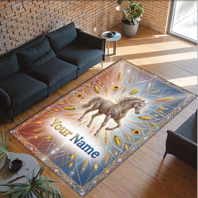 Horse Theme Crystal Velvet Floor Rug Personalized Custom Name Text Warm Carpet Home Decoration