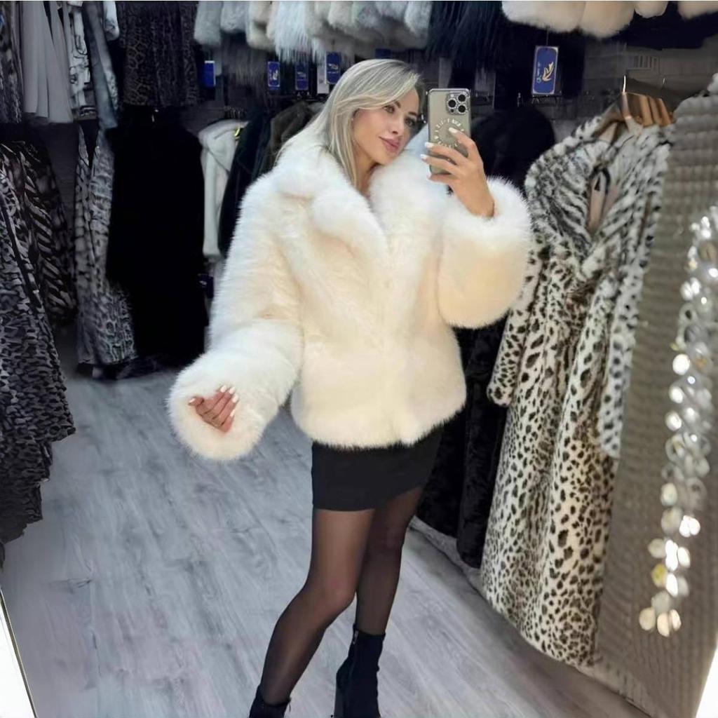 Women Elegant Large Lapel Fox Fur Coat Female Fluffy Casual Long Sleeve Jacket Autumn Winter Thick Warm Faux Fur Coat