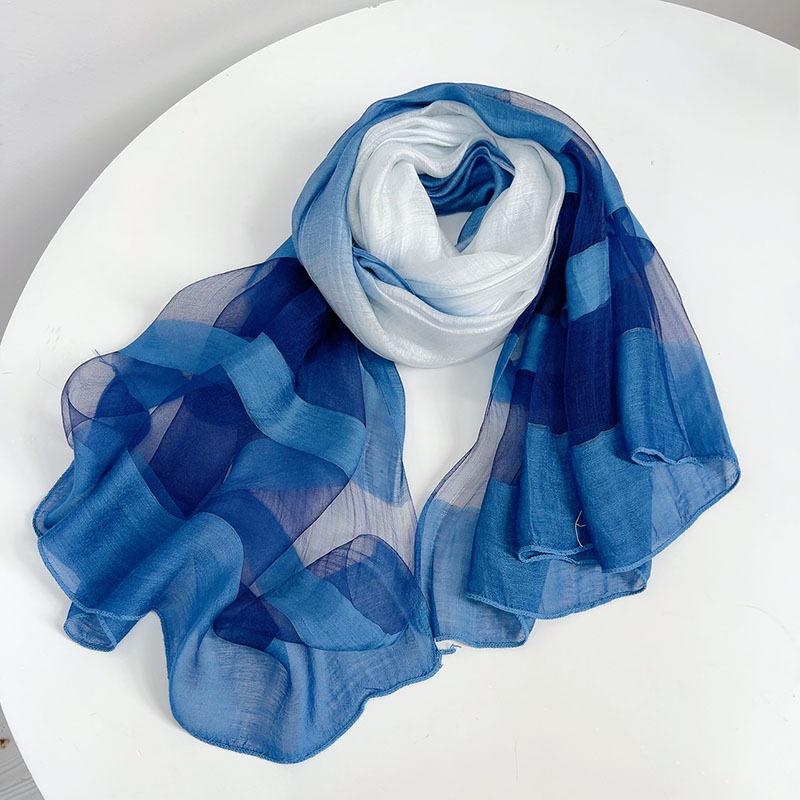 Spring And Autumn Thin Hanging Dye Gradual Change Blue Scarf Plant Dyeing Blue Dye Silk Scarf Women'S Fashion Versatile Literary Shawl