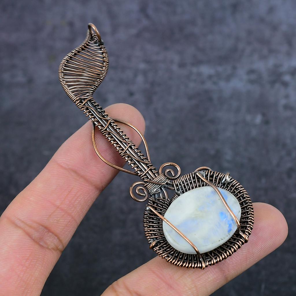 Natural Moonstone Gemstone Handmade Copper Wire Wrap Jewelry Pendant 3.35" z3C19