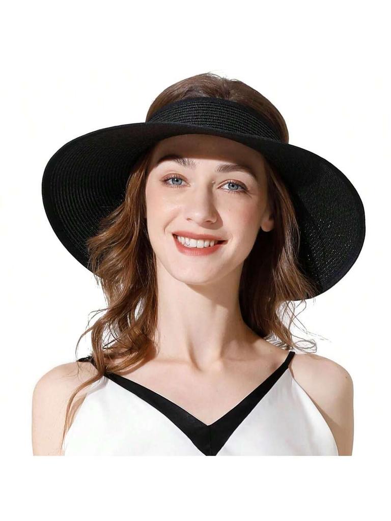 Women Wide Brim Roll Up Sun Visor Hat UV Protection Packable Ponytail Beach Straw Hat