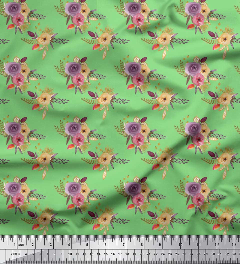 

Тканина Soimoi Blue Japan Crepe Satin Leaves & Ranunculus Floral Print Тканина на метр 42 дюйма 42 Inch Wide - Poly Crepe зелений