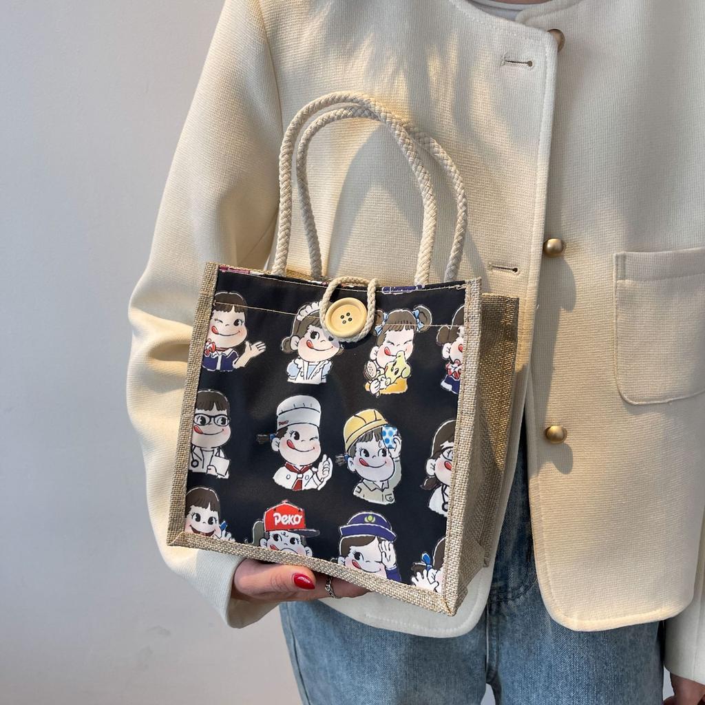 Cartoon Lunch Box Bag for Women Linen Tote Bag for Going Out Durable Makeup Storage Bag for Summer Hand-carrying Canvas Shopping Bag