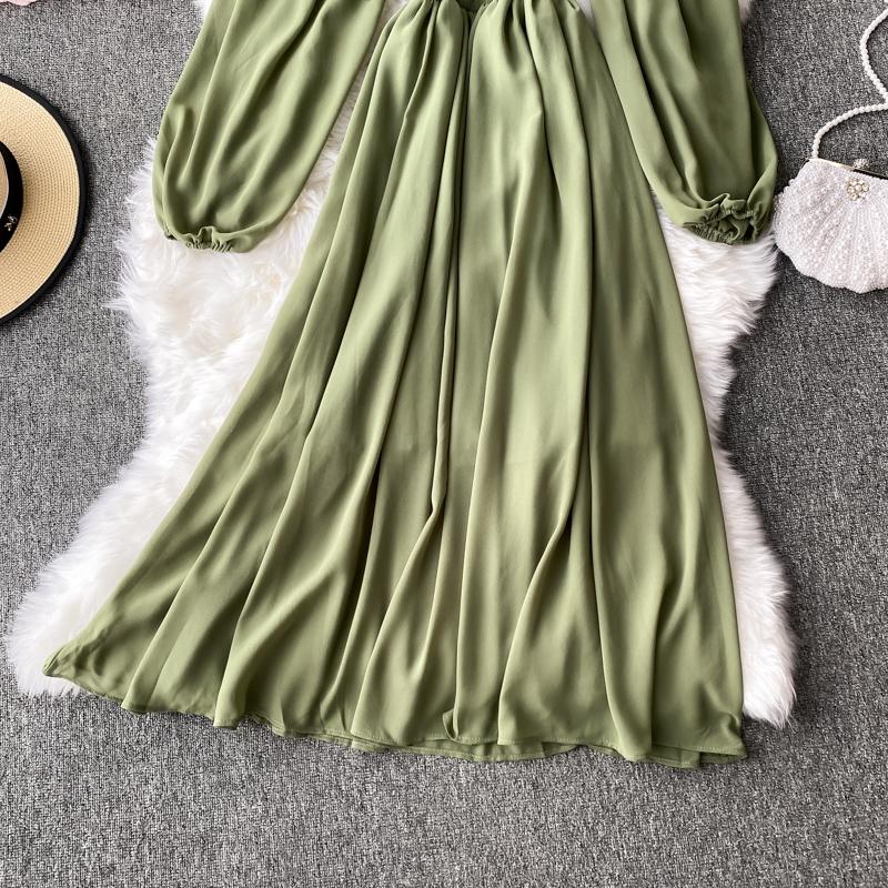 Gentle Style Dress Autumn SpringNew Female French Retro Square Collar Foreign Style Bubble Sleeve Chiffon Dresses