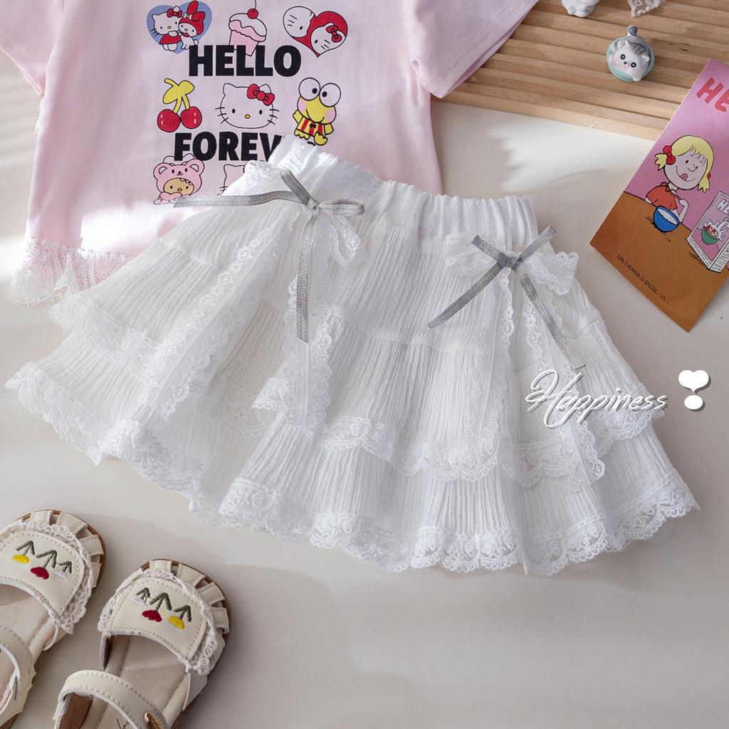 Girls Summer 2 Piece Outfit Short Sleeve Round Neck T Shirt With Lace Tiered Cake Skirt Stylish Kids Clothing Set