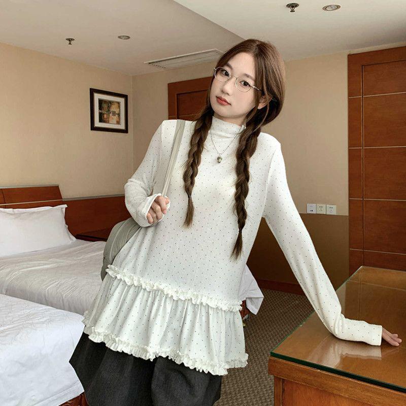 Korean Polka Dot Long Sleeve Women s T-shirt, Spring/Autumn Loose Chic Base Layer Top L белый