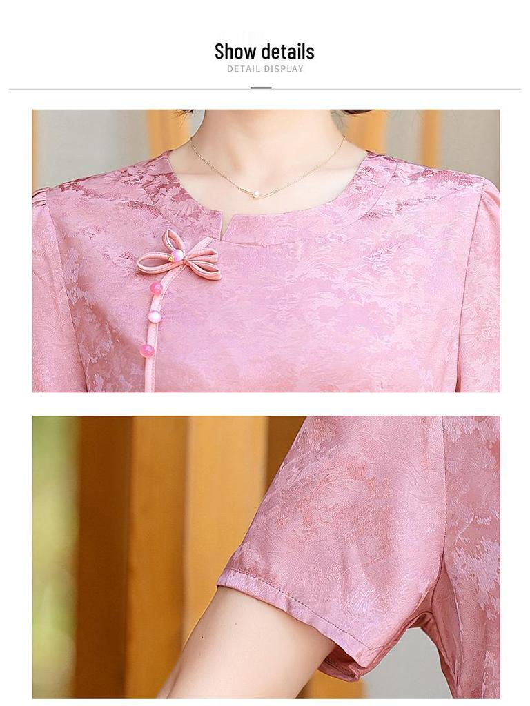 2025 Naujo stiliaus elegantiška vasarinė suknelė vidutinio amžiaus ir vyresnio amžiaus moterims: Dirbtinio dviejų dalių kiniško dizaino