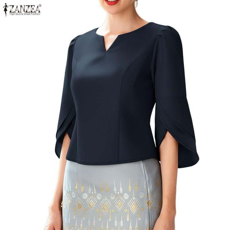 ZANZEA Blusa Elegante Casual para Mujer con Cuello en V, Color Sólido y Mangas 3/4