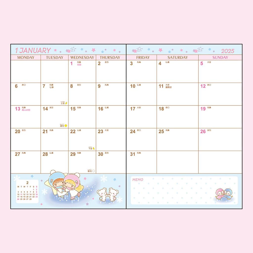 Sanrio B6 Tagebuch (Blocktyp) Little Twin Stars Planer 2025 (Beginnt im Oktober 2024) mit Terminplanaufklebern und Lesezeichen, 456322