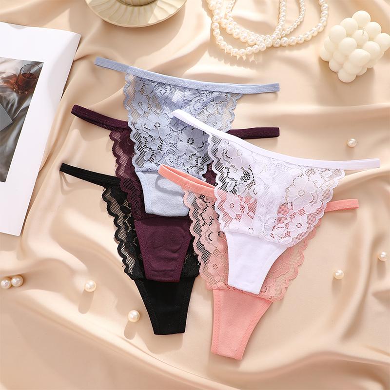 4ks krajkové květinové spodní prádlo pro dámu Sexy duté kalhotky Pevná strečová tanga Dámská perspektiva G-String prodyšné spodní prádlo