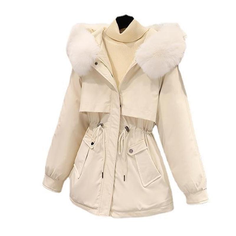 Dámská teplá bunda s dlouhým kabátem a kožešinovým límcem s kapucí Tenká zimní bunda s parkou