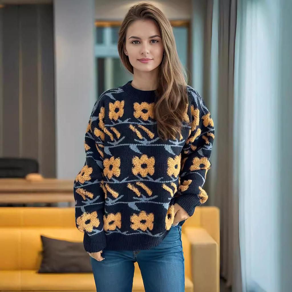 Autumn and Winter New Sweet and Cute Style Flower Jacquard Towel Embroidered Knitted Round Neck Thick Sweater for Women 3579 KTB