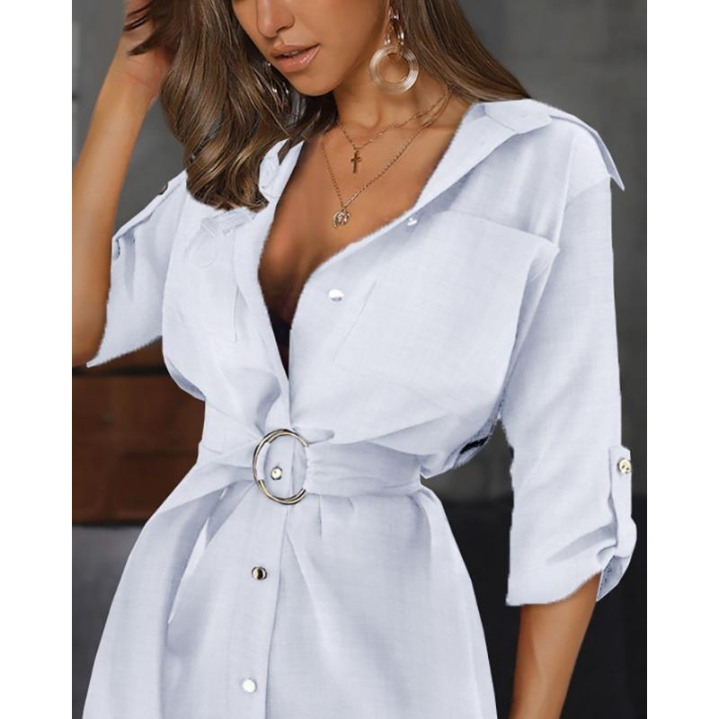 Women S Solid Color V Neck Belted Shirt Dress A Line