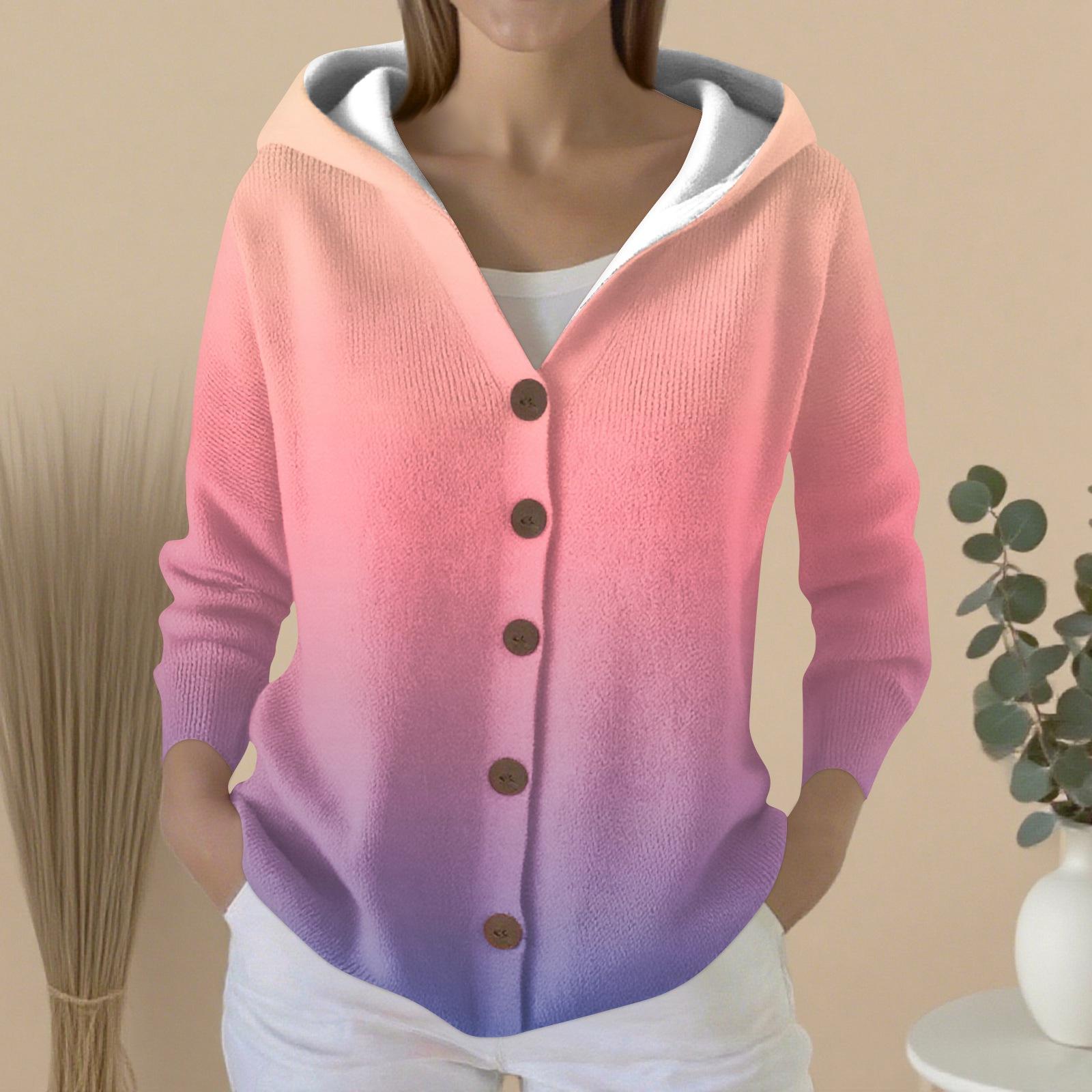 

Женский модный повседневный свитер на пуговицах с принтом, кардиган, куртка с капюшоном L розовый