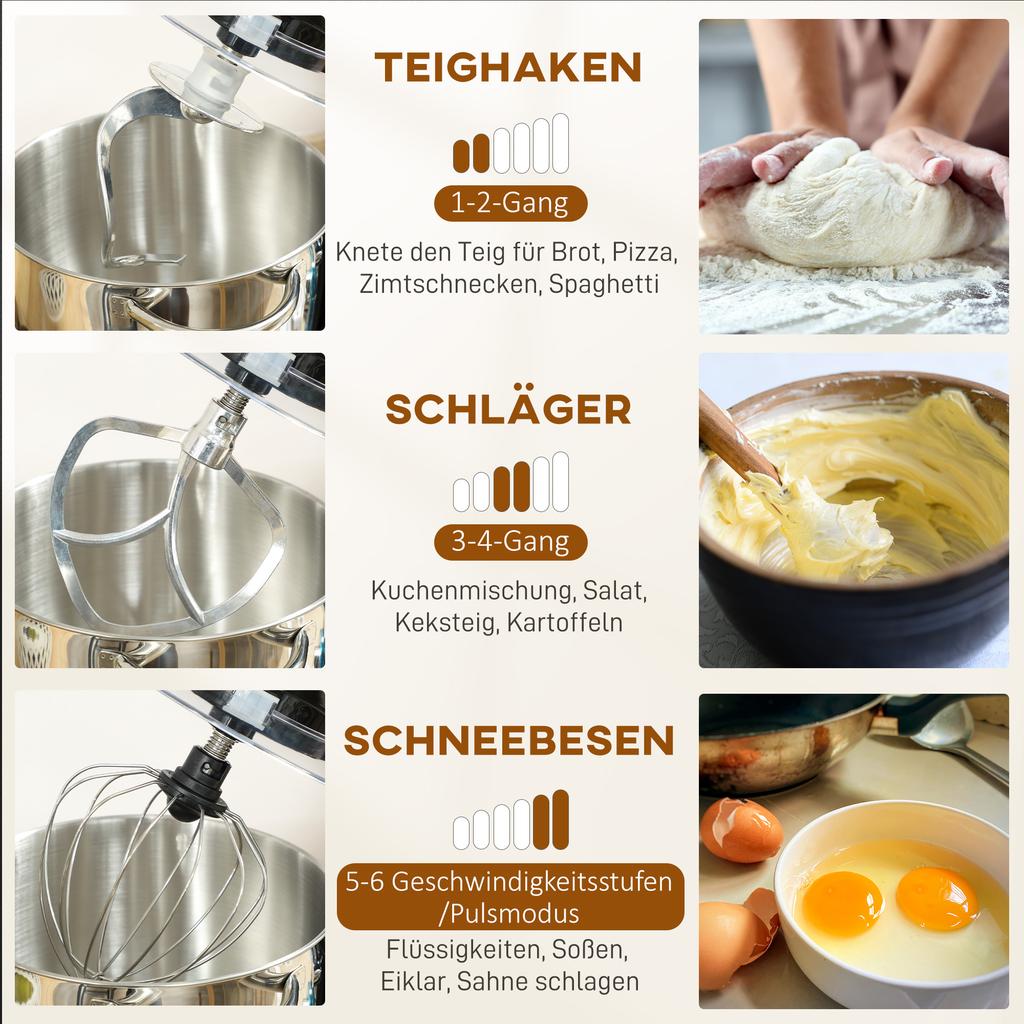 Stand Mixer Kneading Machine with 7L Stainless Steel Bowl 1400W with Tilt Head, Dough Hook, Whisk, Beater