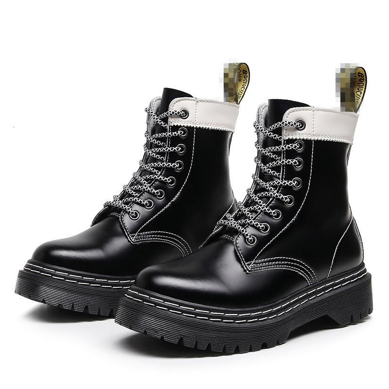 Martin boots women s hard leather black and white splicing short boots men s and women s glossy leather boots round head tooling shoes 35
